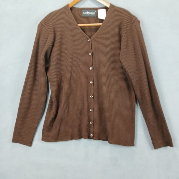 Sag Harbor Sweaters - Sag Harbor Cardigan Sweater Womens Medium Petite Brown Acrylic Tight Knit V Neck